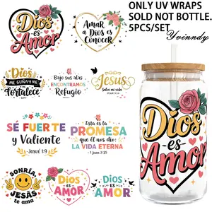 5Pcs/Set Inspirational Spanish 16OZ Glass Jar Transfer Paper UV DTF High Self-Adhesive Transfer Paper DIY Sticker Suitable For Decorating Cups And Bottles DIY Decal Film