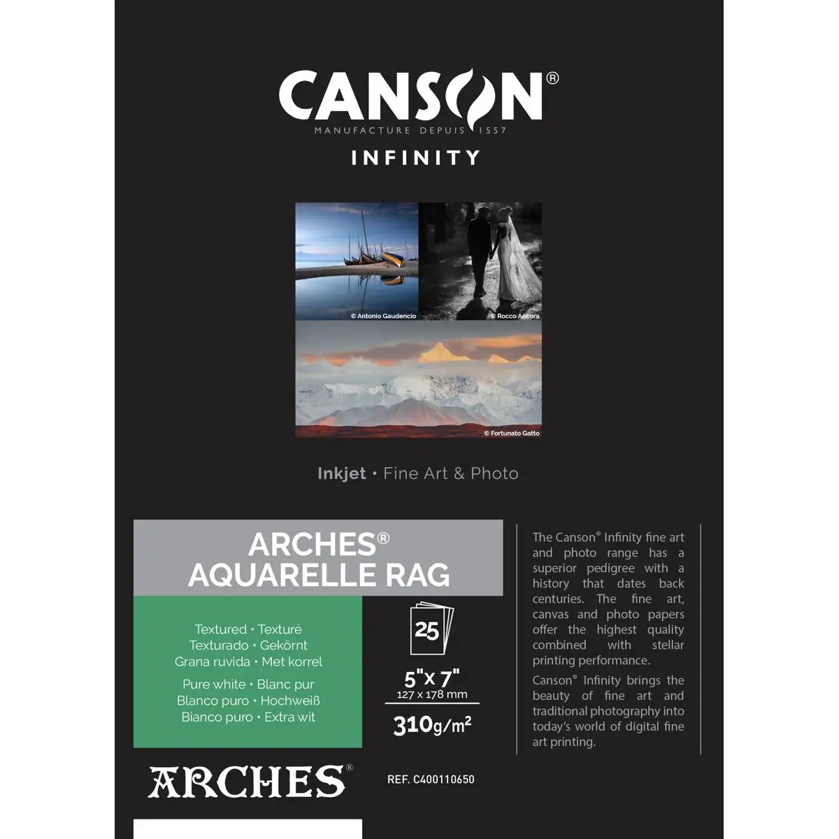 Canson Infinity ARCHES Aquarelle Rag White Matte Paper, 5x7", 25 Sheets