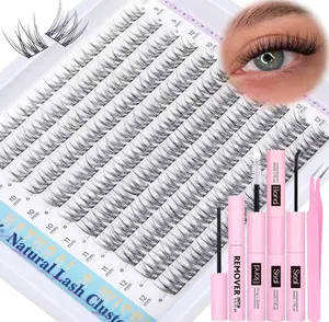 Natural Lash Clusters Kit DIY Lash Extension Kit Wispy Eyelash Extension Kit C-curly Individual Lashes Kit 9-12MM Short Eyelash Clusters with Lash Remover