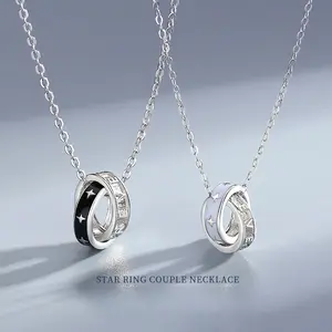 Star-shaped couple's necklace, S925 sterling silver double-ring clavicle chain, teardrop-shaped glue pendant, interlocking, fashionable gift.