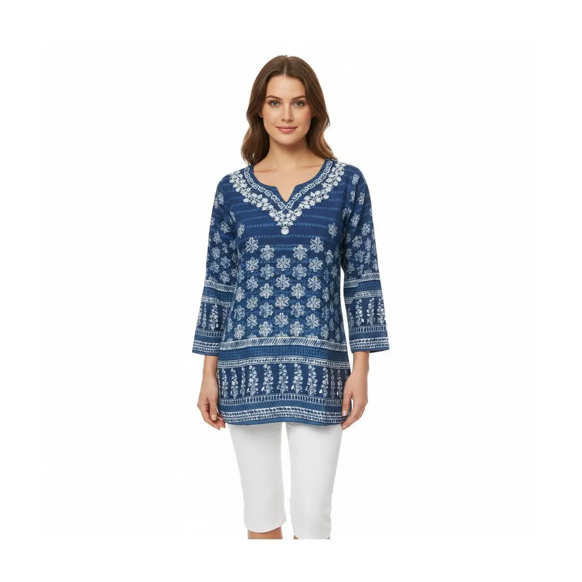 Navy Floral V-Neck Kurti Top 3/4 Sleeve Tunic # Top-45