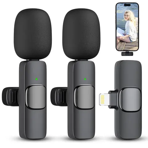 2024 2-Pack Small Easy-Carry Wireless Lapel Mics for iPhone, iPad, Smartphone - 2.4GHz Low Latency, Plug-and-Play, 100mAh USB Rechargeable Receiver, 1-Hour Charge, 65ft Transmission, Noise Reduction Chip, Lightning/Type-C Video Recording Podcast Setup