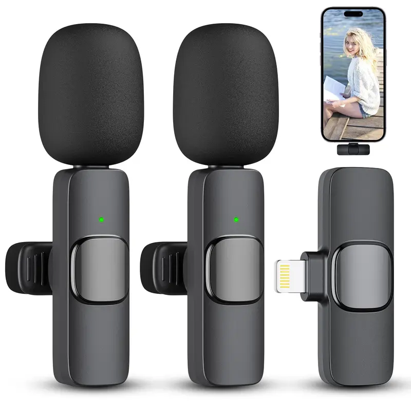 2024 2-Pack Small Easy-Carry Wireless Lapel Mics for iPhone, iPad, Smartphone - 2.4GHz Low Latency, Plug-and-Play, 100mAh USB Rechargeable Receiver, 1-Hour Charge, 65ft Transmission, Noise Reduction Chip, Lightning/Type-C Video Recording Podcast Setup