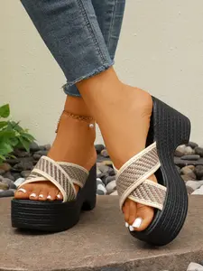Women's Cross Strap Thick Sole Wedge Sandals, Casual Slip-On Shoes, Open Toe, Waterproof Platform, Beach Vacation Style