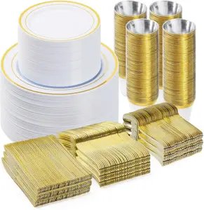 Gold Rim Disposable Dinnerware Set 600PCS for 100 Guests Includes 100 Gold Plastic Plates 100 Dessert Plates 100 Cups 100 Spoons 100 Forks and 100 Knives Heavy Duty BPA-Free Elegant Design Perfect for Weddings Birthdays and More