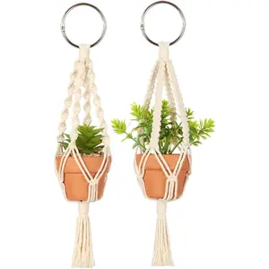 Mkono Mini Macrame Plant Car Accessories Rear View Mirror Charm Cute Hanging Rearview Car Decor Boho Hanger with Artificial Succulent Plants Gifts for Plant Lover Set of 2, Red Mkono