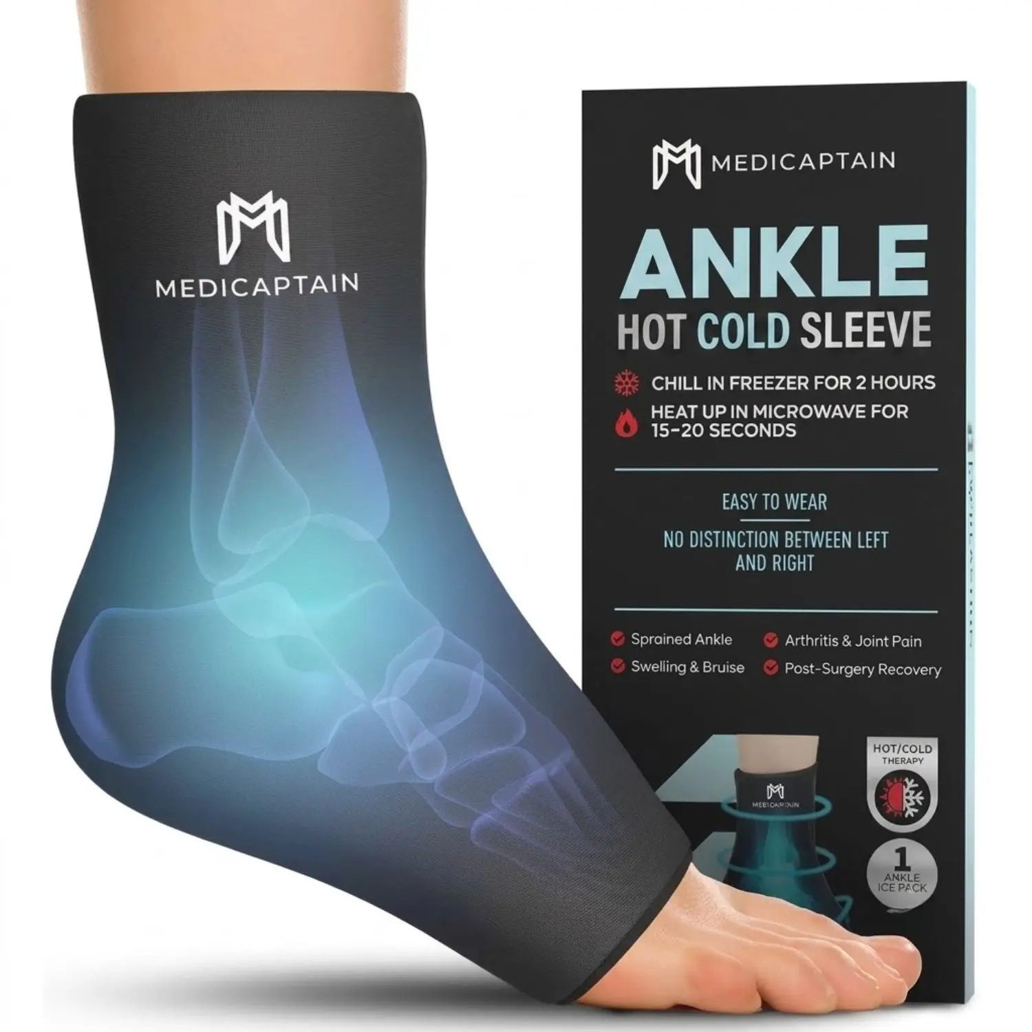 MediCaptain Ankle Ice Pack Wrap – Hot & Cold Therapy Compression Sleeve for Plantar Fasciitis, Achilles Tendonitis, Sprains & Swelling – Reusable Gel Foot Ice Pack, Slip-On Sock Fit for Men & Women