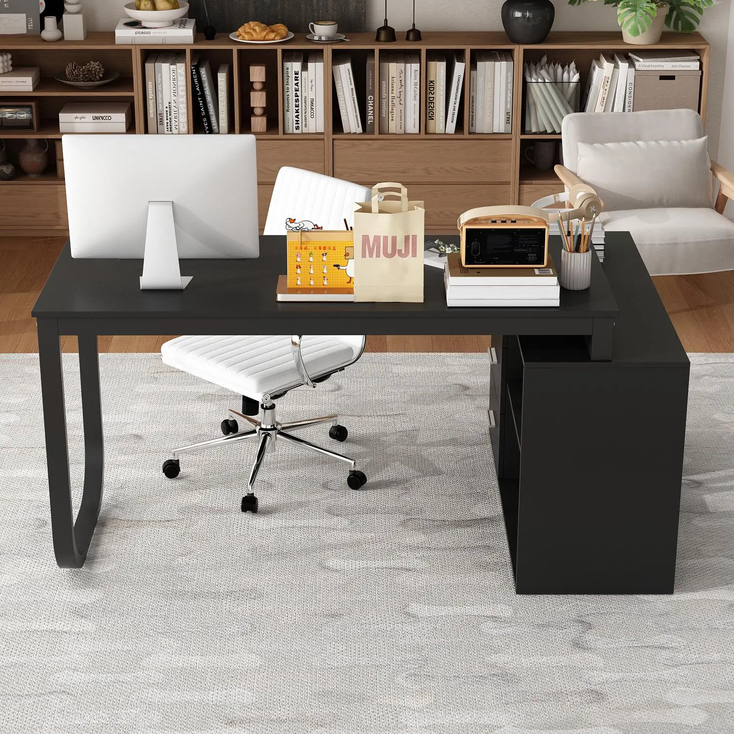 FUFU&GAGA 55" L-Shaped Home Office Desk - Corner Computer Desk w/ 3 Drawers, 2 Shelves & Storage Cabinet, Study Writing Workstation Furniture Working Space