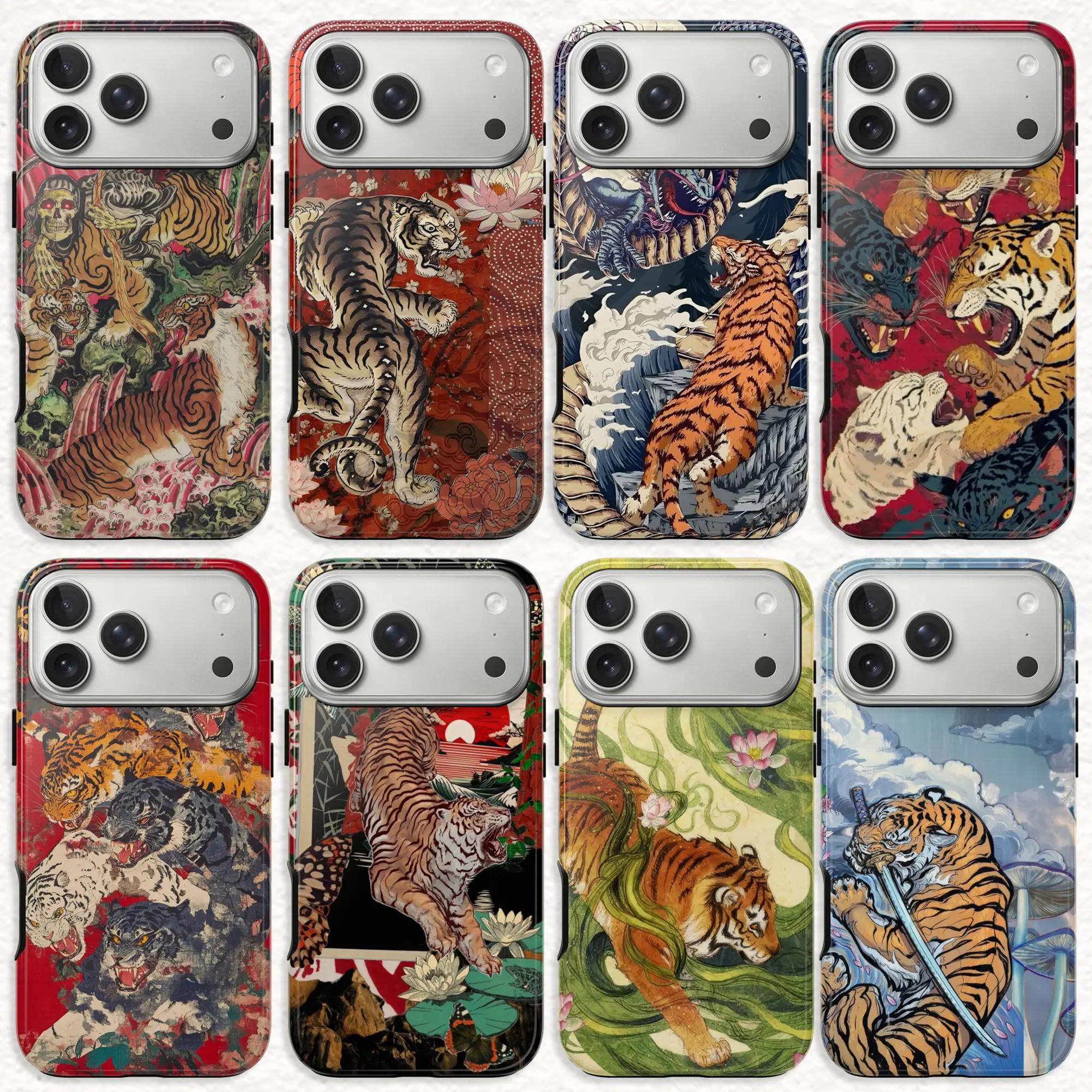 Vintage Chinese Tigers Phone Case for iPhone 17 16 15 14 13 12 11 – Cute Tiger Collage, Japanese Traditional Art Print & Big Cat Aesthetic Durable & Protective Cover Best Gift for Animal Lovers & Tiger Fans!