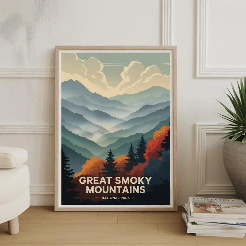 [Unframed]Smoky Mountains National Park Art – Vintage Travel Poster, Nature Wall Decor