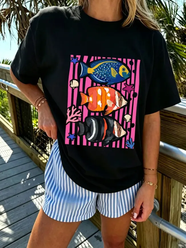 Tropical Reef Graphic Tops for Women, Casual Crew Neck Shortsleeve 100% Cotton Tee, Comfortable Summer Beach Style, Graphic Print, Reef Theme, Coral, Tshirt, Unisex, Cold Wash, Ocean, Round Neck, Short Sleeve, Vibrant Prints, Direct Spray
