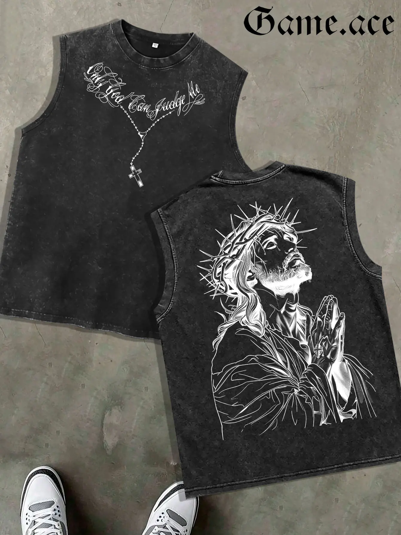 1 PCS GAME.ACE Washed Black Sleeveless Tank Top, "Only God Can Judge Me" Jesus Art Graphic Print, Casual Edgy Streetwear, 100% Cotton Breathable Unisex Vest, Ideal for Daily Wear, Casual Outings, Great Gift for Bold Statement Lovers