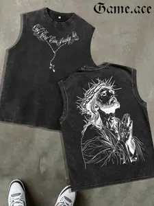 1 PCS GAME.ACE Washed Black Sleeveless Tank Top, "Only God Can Judge Me" Jesus Art Graphic Print, Casual Edgy Streetwear, 100% Cotton Breathable Unisex Vest, Ideal for Daily Wear, Casual Outings, Great Gift for Bold Statement Lovers