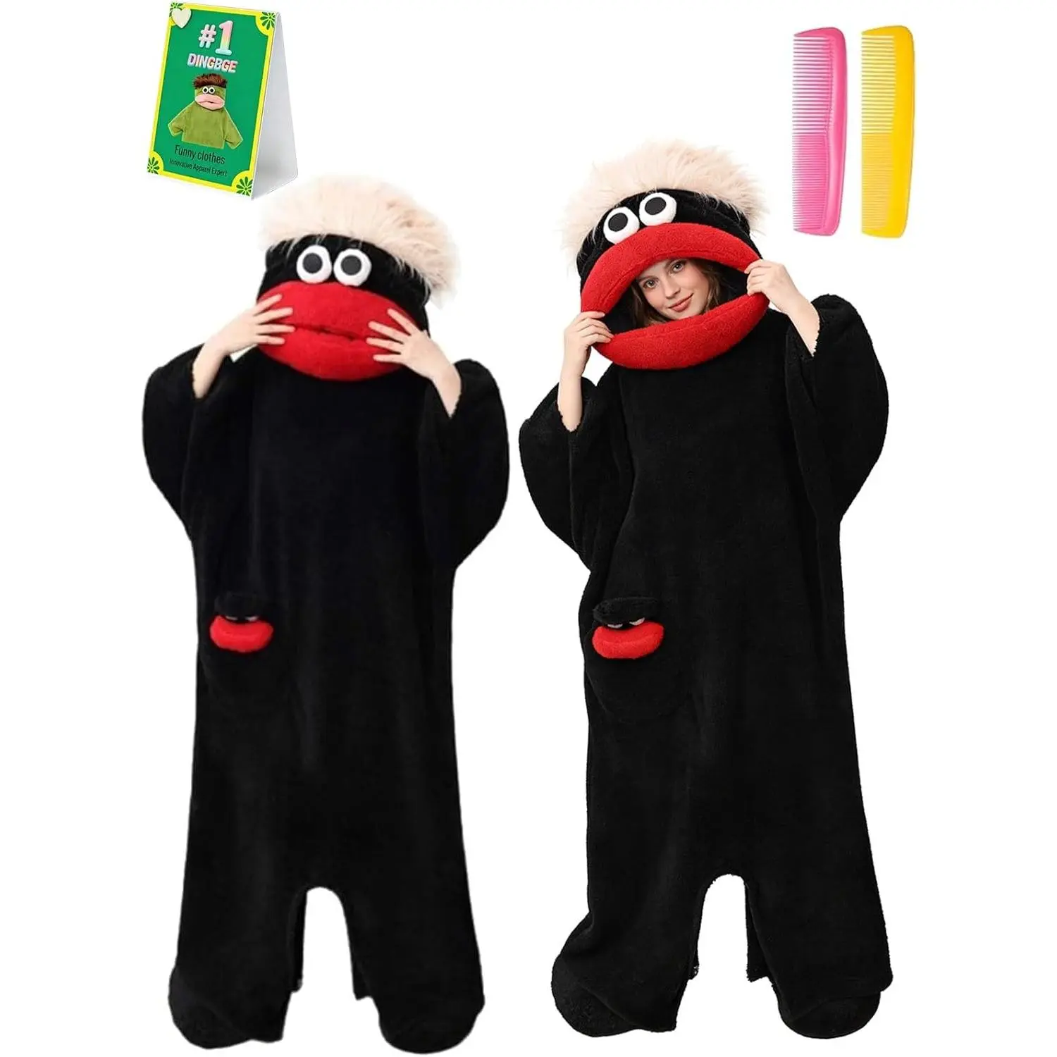 big mouth monster onesie couple matching plush loungewear oversized one size, premium upgraded soft wearable blanket hoodie, full set with free comb & foot covers, funny oddities gag gift for indoor holiday gatherings