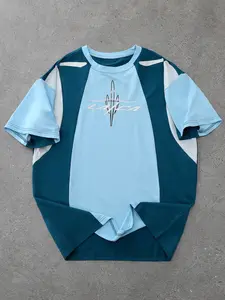 Men's Patchwork Letter Print T-Shirt, American Style Comfortable Sports Clothes, Loose-Fit H-Type Streetwear for All Seasons