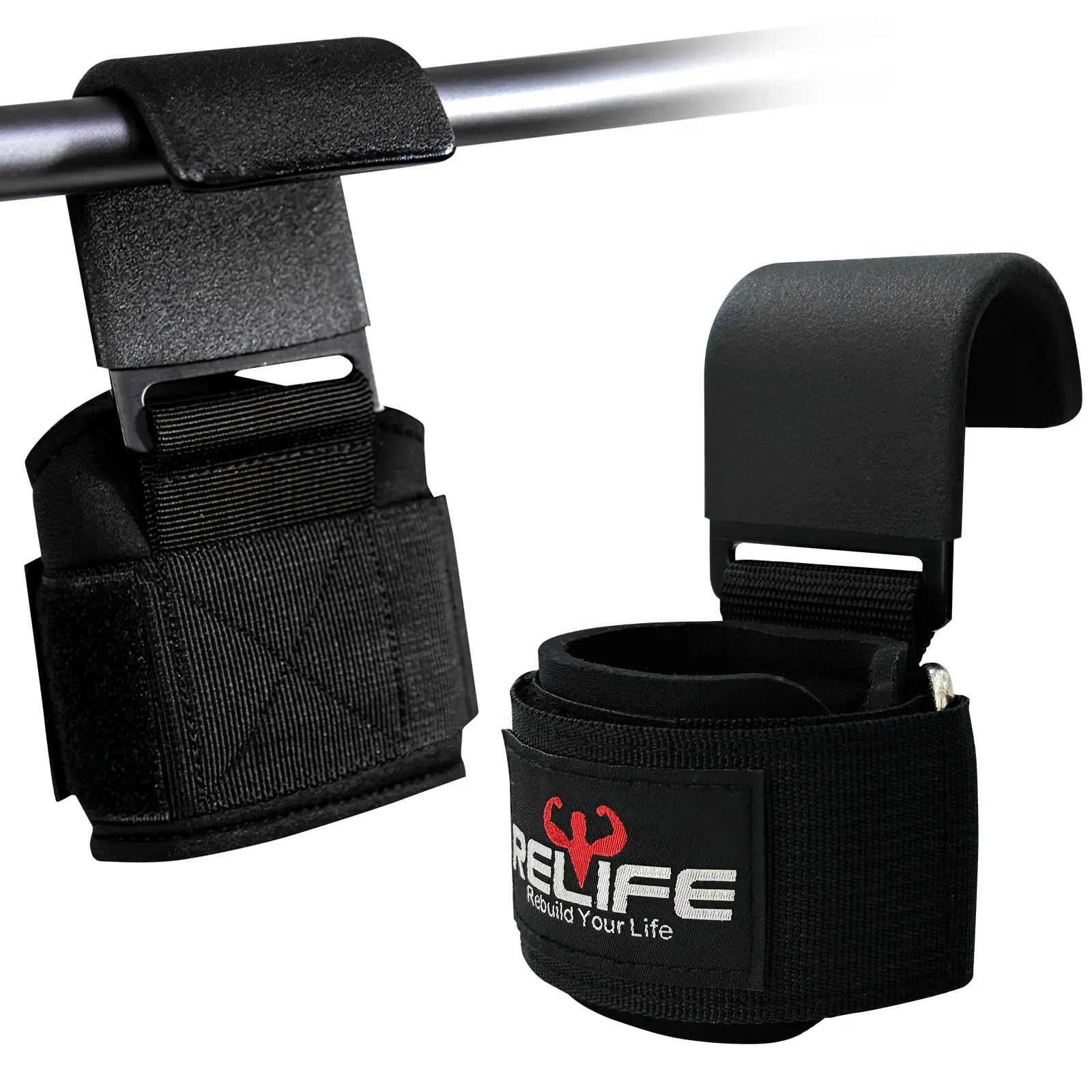 RELIFE Weight Lifting Hooks, Heavy-Duty Adjustable Nylon Straps with Ergonomic Wrist Rest & Secure Grip for Unisex Strength Training and Pull-Ups, Sturdy, Grip Secure, Nylon Webbing, Heavy Duty Protection