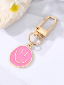 1pc Alloy Enamel Painted Happy Face Golden Irregular Expression Trendy Cute Keychain Key Ring Bag Pendant Accessories