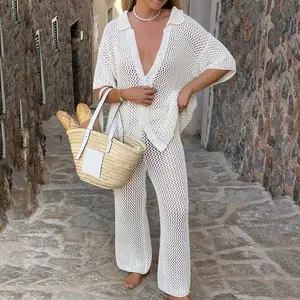MULLVEIG Women's 2-Piece Crochet Knit Womenswear Set - Collared Openwork Button-Up Top, Wide-Leg Pants Beach Cover-Up Outfit