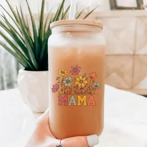 Spring Floral Mama Iced Coffee Tumbler with Bamboo Lid and Reusable Straw glass cup custom glassware