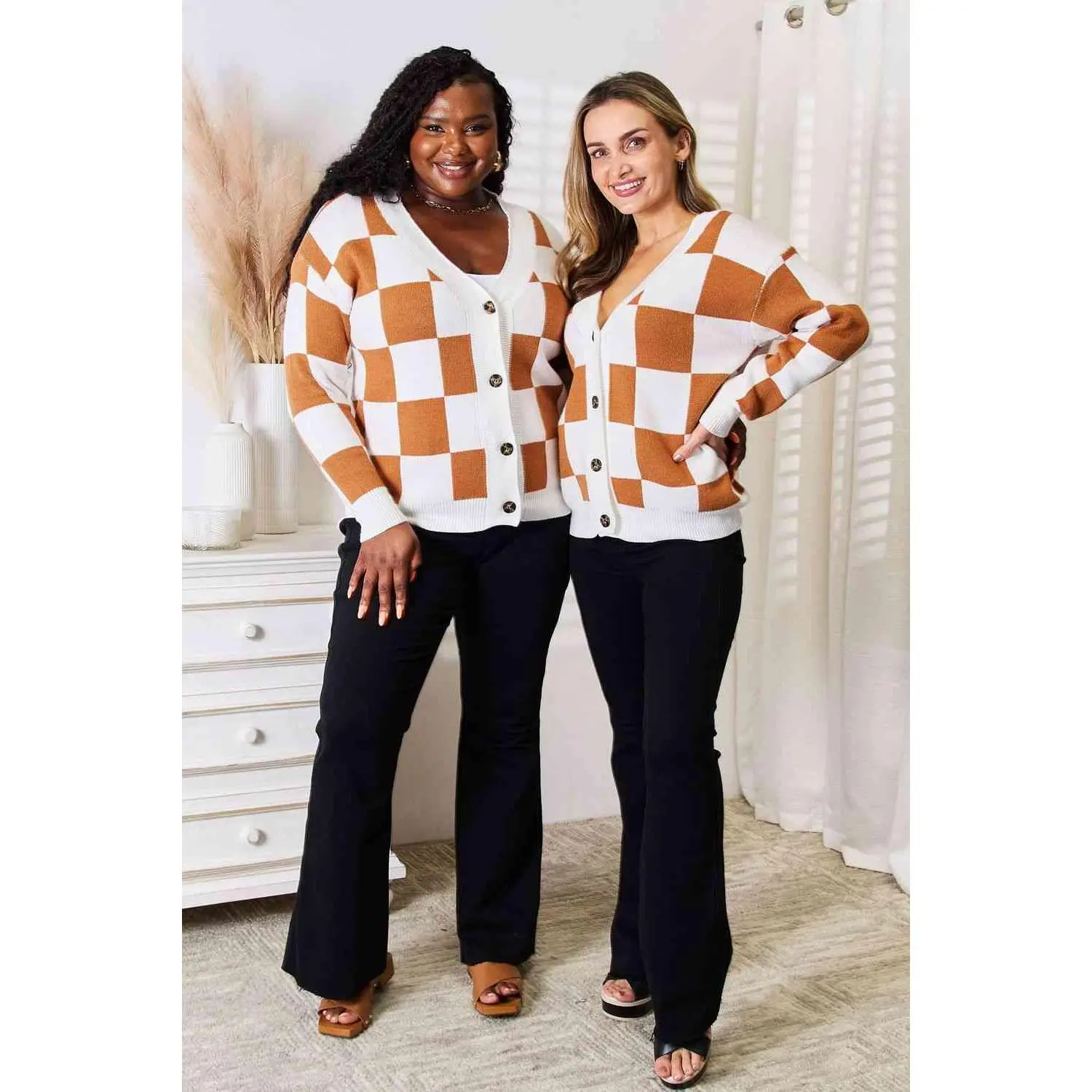 Brown and White Checkered Sweater
