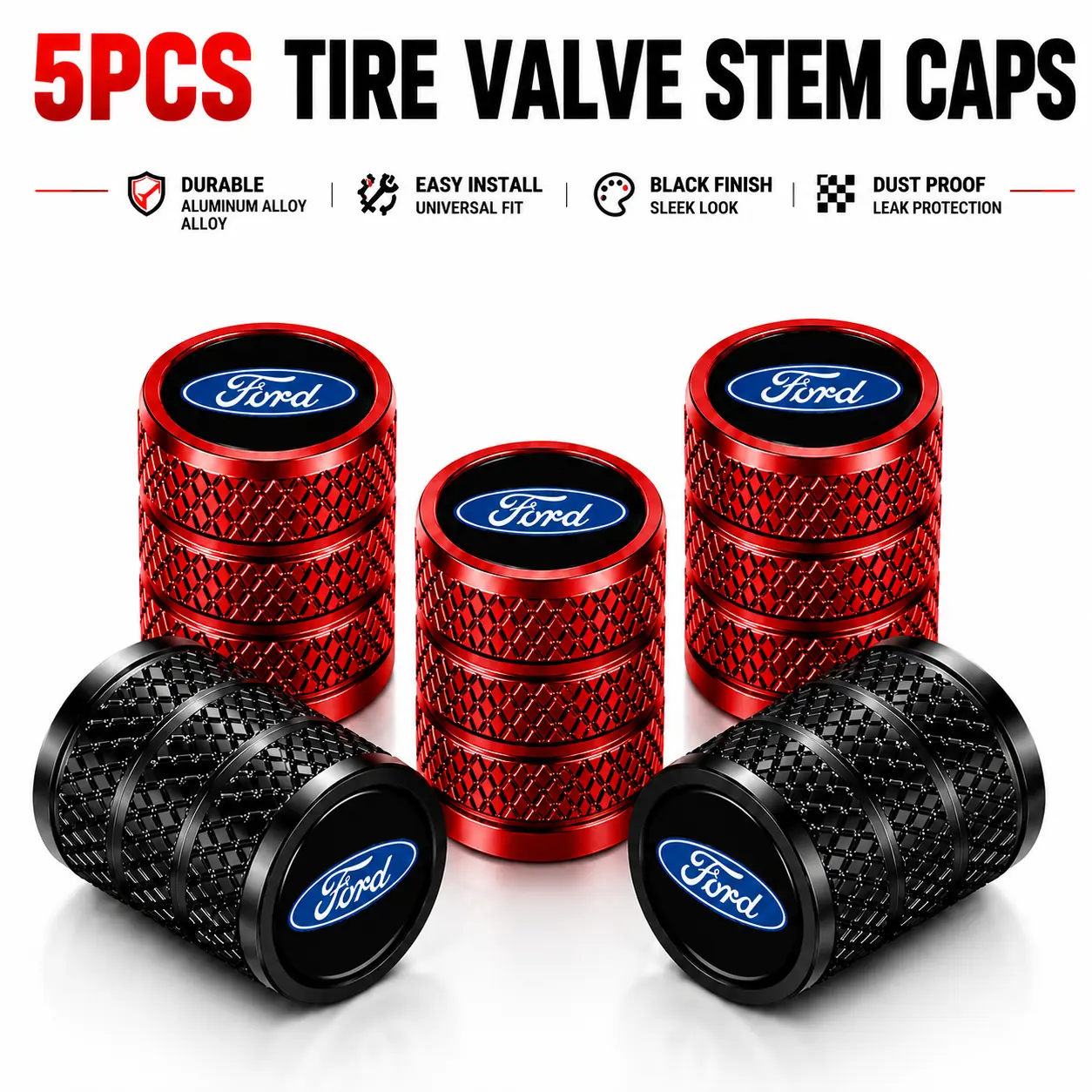 For Ford F-150 Explorer Bronco Escape Ranger Maverick F-250 5 Pack Premium Heavy Duty Knurled Anodized Aluminum Tire Valve Stem Caps Corrosion Resistant Leak Proof Wheel Air Dust Covers Easy Screw On Fit Truck SUV Pickup Exterior Accessories