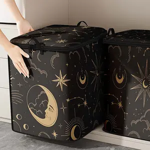 Large Star Pattern Clothing Storage Box, Sun Moon Stars Printed Bag, Durable Non-Woven Material, Strong Zipper, Perfect Holiday Gift, Clothes Storage