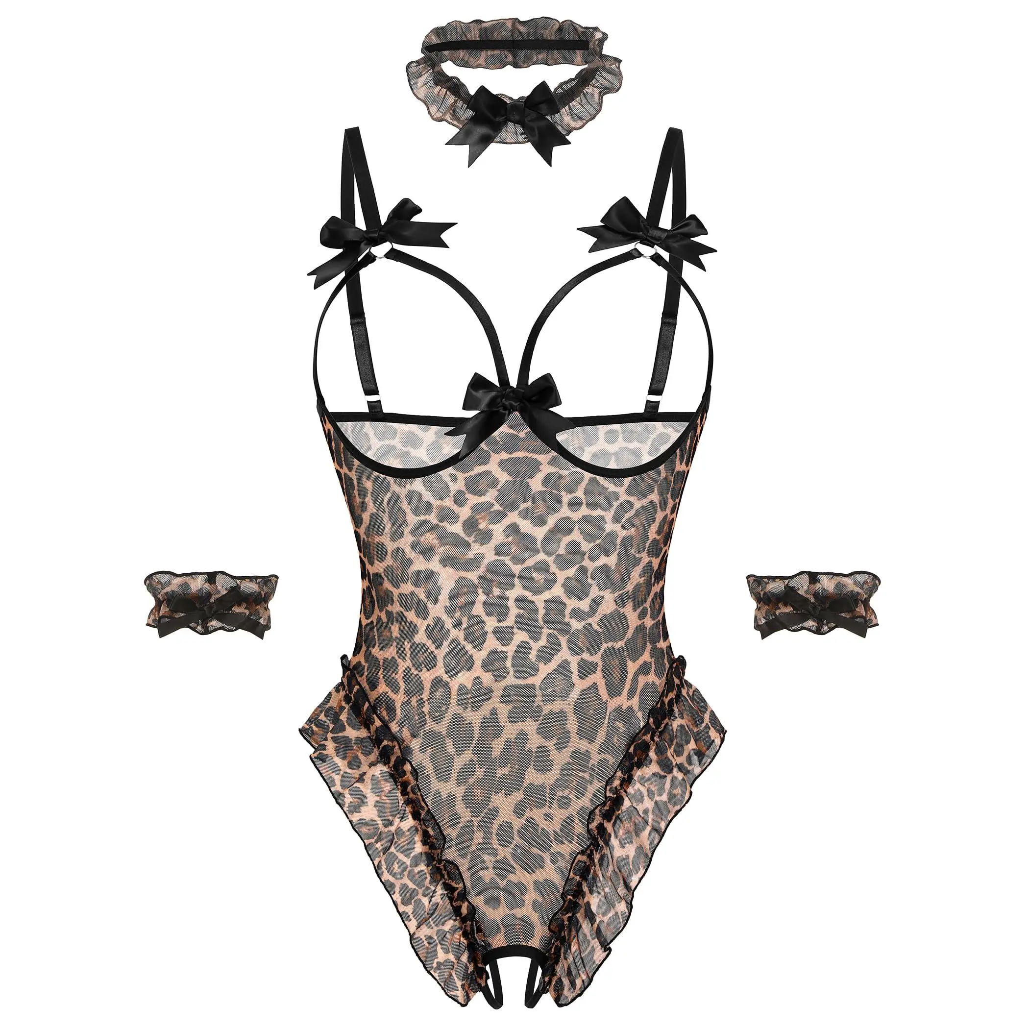 Avidlove Womens Lingerie Bodysuit 4 Piece Set Sheer Mesh with Detachable Collar and Wrist Cuffs 95% Polyester 5% Spandex Blend Elastic Adjustable Straps Breathable Fabric