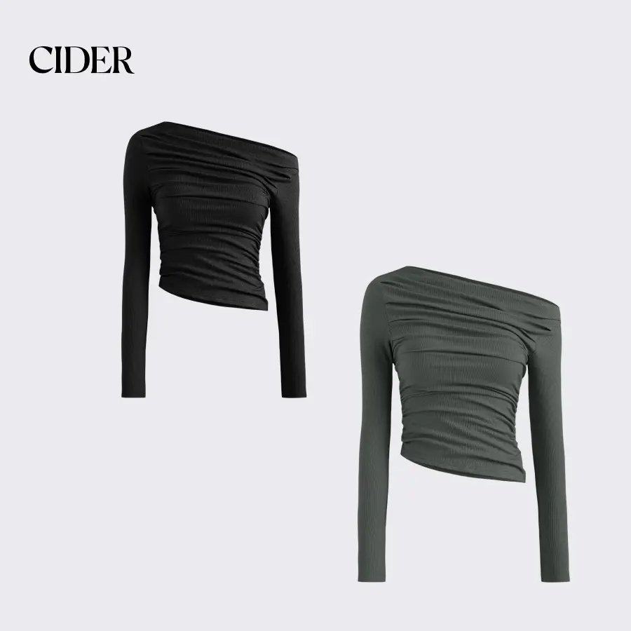 Cider Women's Asymmetric Off-Shoulder Blouse, Ruched Long Sleeve Top for a Casual Business, Office-to-Casual Style, Casual Business Top, Longsleeves