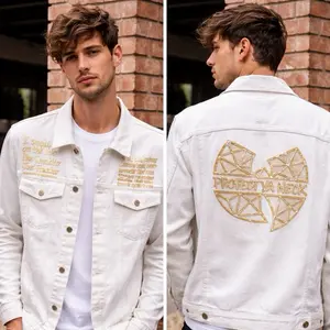 "Protect Ya Neck" Vintage Denim Jacket with Gold Laser and Distressed Design for Men