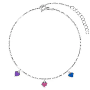 Enamel Heart Dangle Preteen / Teen Anklet 7.5-9.5 - Sterling Silver