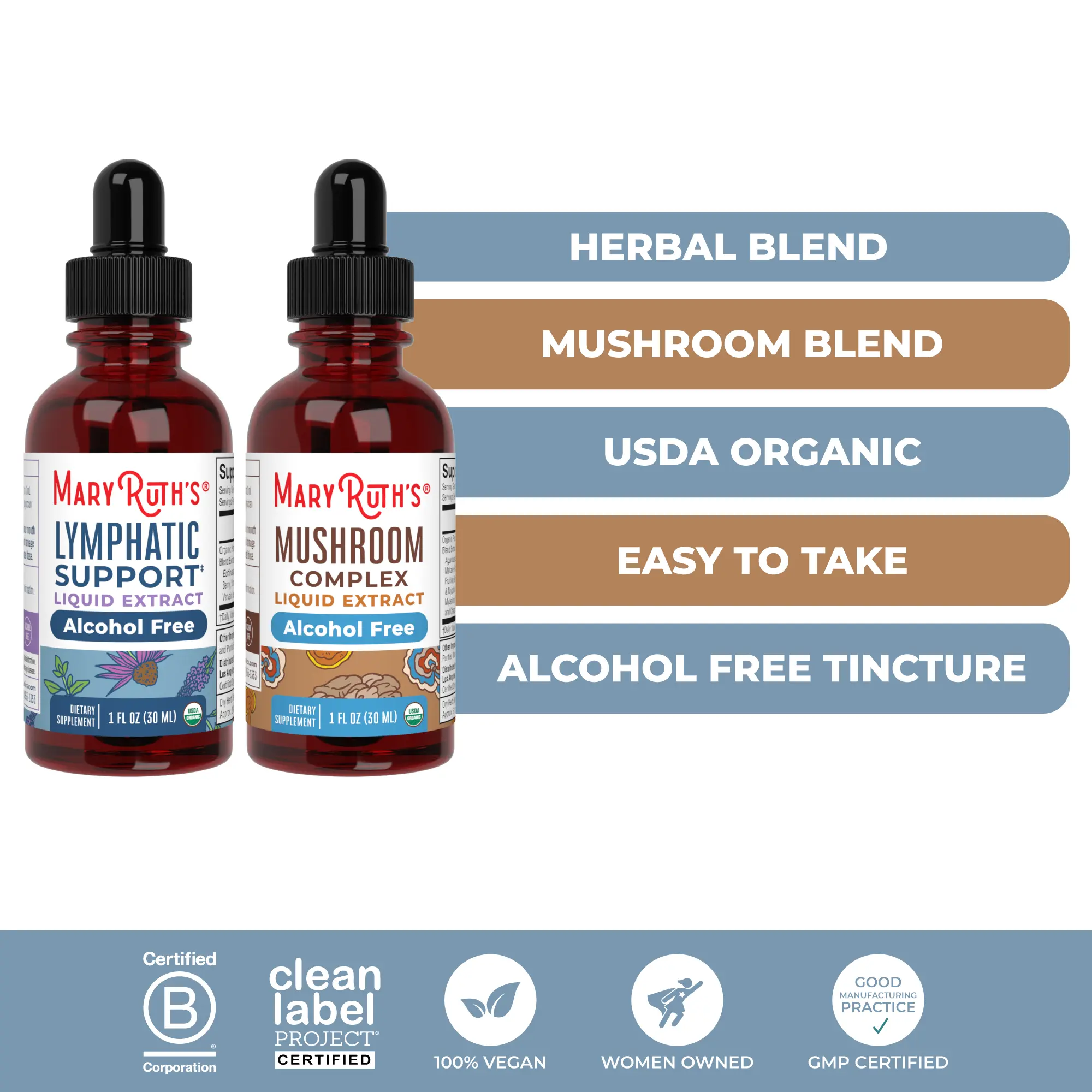 MaryRuth's Lymphatic Support Blend + Mushroom Blend Bundle - Organic Lymphatic Support Herbal Blend & Organic Mushroom Complex Liquid Drops