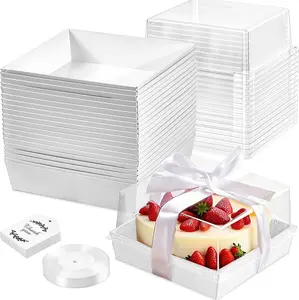 Cake Boxes with Clear Lids for 4-6 Inch Cakes, Treats or Desserts Paper Bento Cupcake Boxes, Disposable Bundt Containers Bakery Take Out Containers To Go Square Packaging