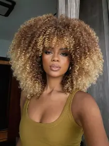 14 Inch Ombre Blonde Afro Curly Wig with Bangs, Short Synthetic Kinky Curly Wig for Women, Shake and Go Glueless Wig for Daily & Party Use, Fluffy Wigs, Synthetic Machine Wigs
