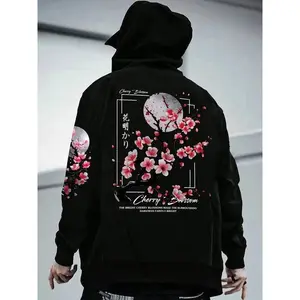 Men's Japanese Sakura Flower & Moon Print Hoodie, Streetwear Preppy Stylish Top for Winter
