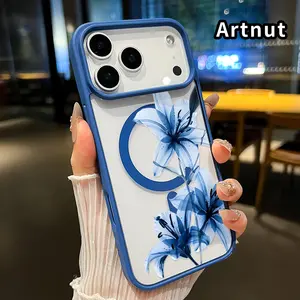 Magnetic Phone Case for iPhone 17 Pro Max Air Promax Blue Lily Grace Pattern Transparent Acrylic Non Slip Pocket-Friendly Phone Cover Gift for Girl