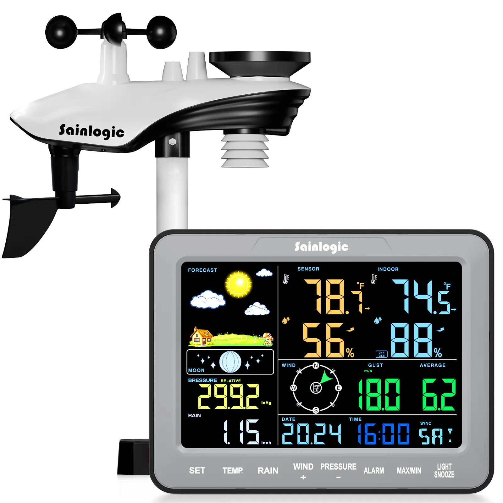 Sainlogic SA68 Gray No-WiFi Home Weather Station - Wireless Indoor-Outdoor Measuring Tool with Precise Readings, Multiple Functions, Wireless Transmission: Temperature, Humidity, Forecast, Pressure, Moon Phase, Rainfall Monitor, Bedroom Alarm Clock