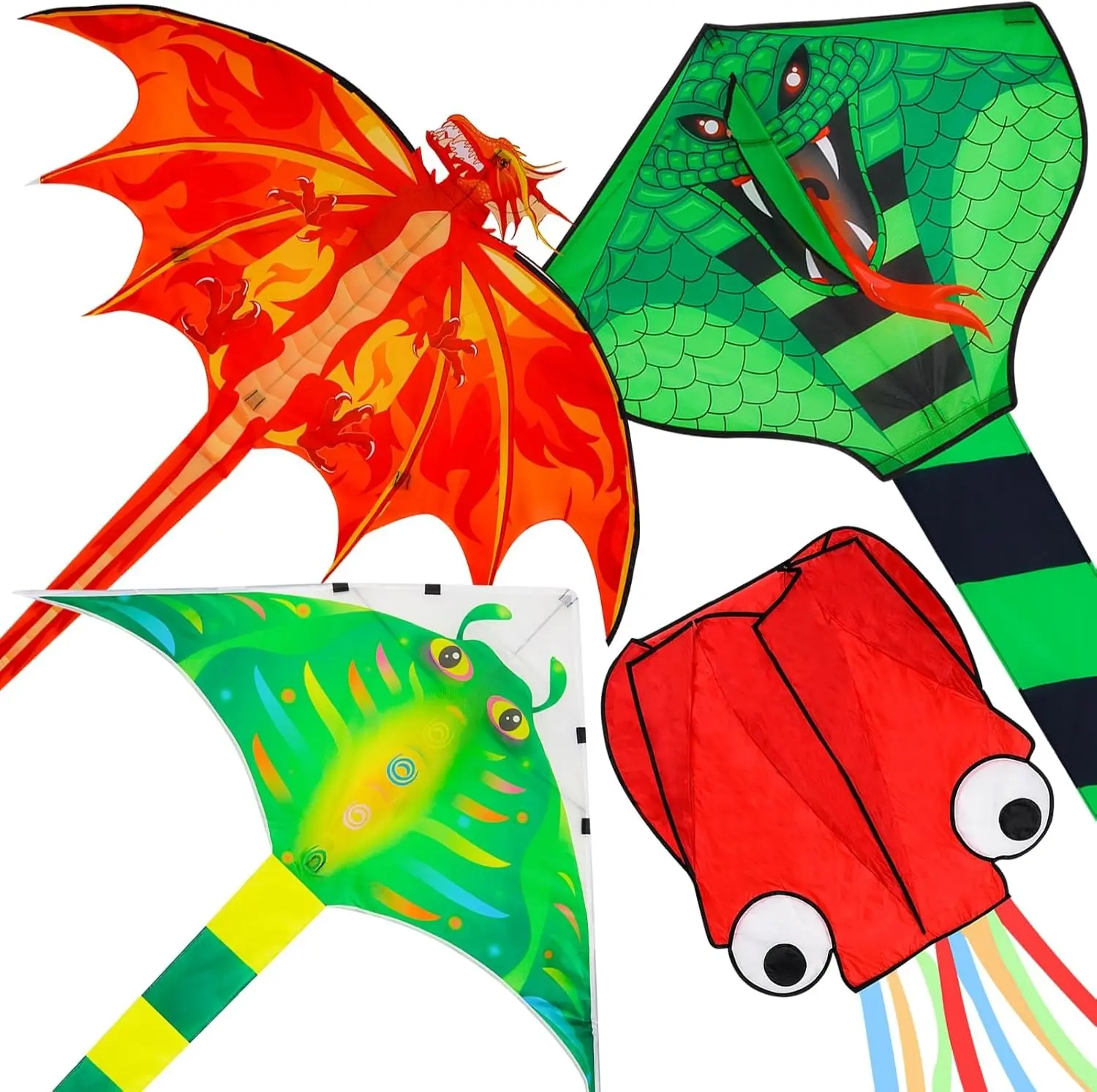 4 Pack Large Kites with Long Colorful Tail - Fire Dragon, Green Snake, Devil Fish, Red Octopus Kites, Great Beach Toy Gifts for Kids Adults, Perfect for Outdoor Game Activities