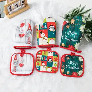 Christmas Gift Decorative Oven Mitts, Made of Polyester Fiber, Baking Cooking Mitts Set with Heat Insulation Pad, Kitchen Gloves, Restaurant Pad Set, Pack 2 wringer Floral Adjustable Aprons apron surface cleaning cloths necessities grease towel bow towels