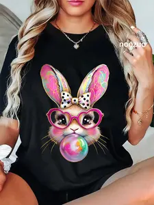 100% Cotton Happy Easter Bunny Coquette Bow Brushstroke Easter Girl T-Shirt