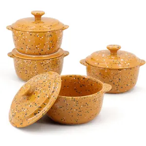 Stoneware Baking Set of 4-10 Oz Mini Cocotte with Handles & Lids - Perfect for Oven Baking Souffle, Soup, Cobbler, Individual Serving, Orange