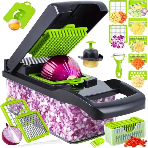 11-in-1 Multi-Function Vegetable Chopper – Food Chopper with Interchangeable Stainless Steel Blades, Container, Egg Separator, Peeler, Drain Basket & Cleaning Brush – Vegetable Dicer, Slicer, Grater & Kitchen Prep Tool