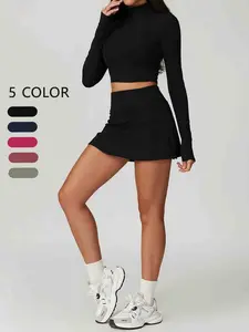 Women's Casual Sportswear Two-Piece Set, Waist Cinching Long Sleeve Zipper Top, High-Waisted Skirt, Fashionable Comfortable Breathable, Sporty Set, Elegant Gym Outfits, Athletic Fashion Activewear