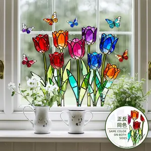 Colorful Tulip Butterfly Static Window Sticker, Both Sides Same Color, Sunlight Refraction Effect, Kitchen Bedroom Window Decorative Stickers