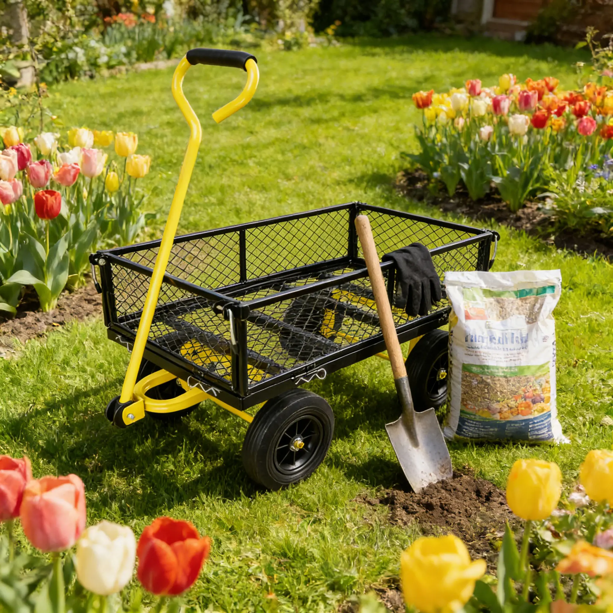 (Black +Yellow solid wheels wagon cart)Solid wheels Tools cart Wagon Cart Garden cart trucks make it easier to transport firewood