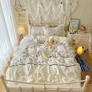 3Pcs Floral Duvet Cover Set, Soft Breathable Premium Fabric, Fresh Flower Wide Ruffle Edge Decor, Includes 1 Duvet Cover & 2 Pillowcases (No Filler), Single/Double/Queen Size,