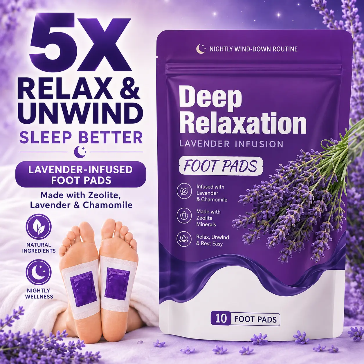 10PCS Lavender Serenity Foot Pads - Feet Care Overnight Patches with Botanical Blend, Lavender Aroma, Apply at Bedtime for Natural Calmness | Night Routine Essential
