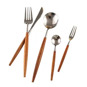 304 Stainless Steel Flatware Silverware Set with Wooden Handles, Unique Tableware Cutlery Set for 4, Natural Wood Knives Forks Spoons Set, Mirror Polished