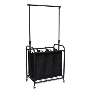 212 MAIN 3-Bag Metal Steel Rolling Laundry Sorter Cart with Adjustable Hanging Bar, Storage Solution, Bronze