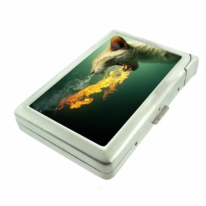 Cat Mouth on Fire 100's Sized Metal Case with Built in Lighter Wallet
