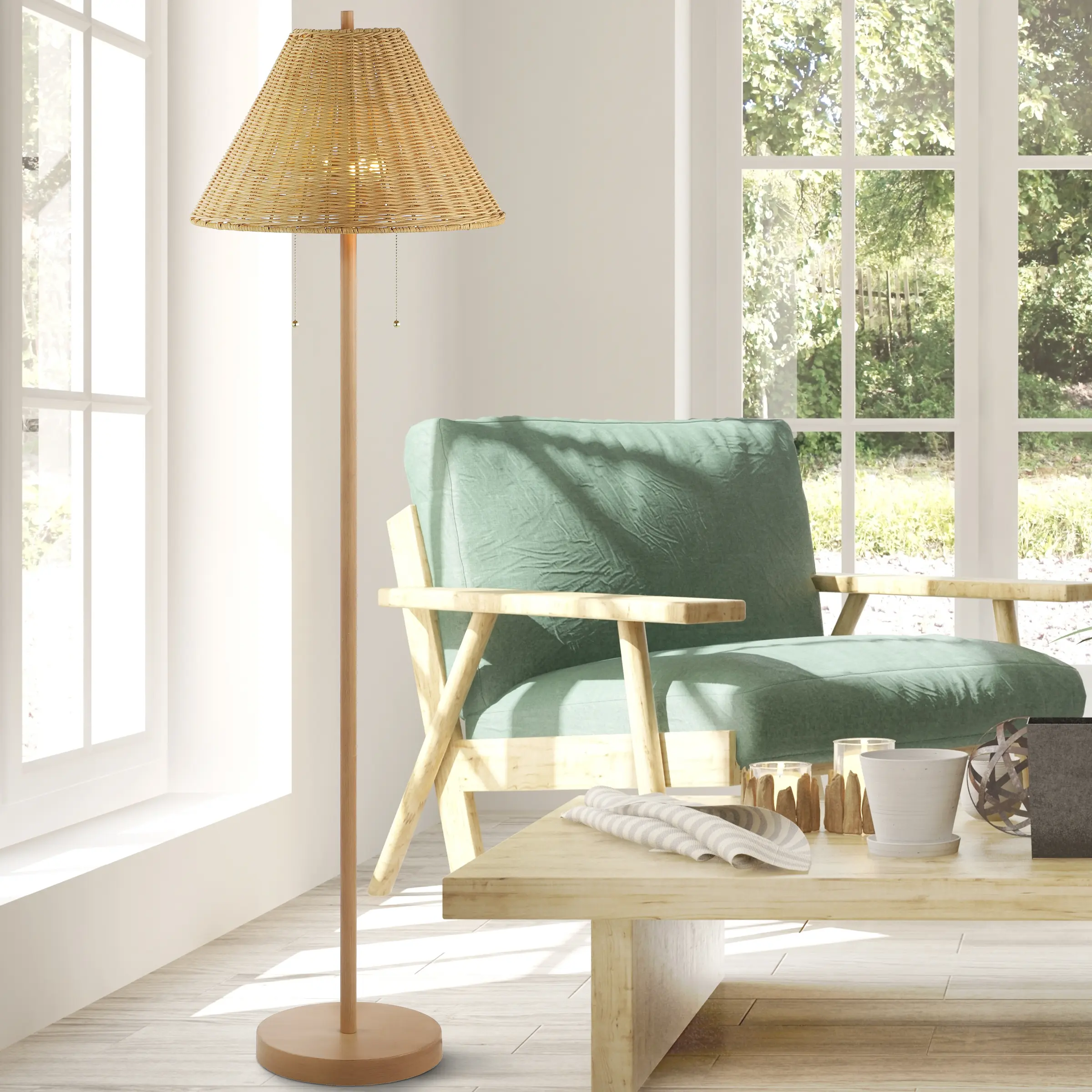 JONATHAN Y Nando Modern Minimalist Iron-Rattan LED Floor Lamp with Conical Shade, Pull-Chain, LED Bulbs, Vintage Charm, Tropical Chic, Mid Century Modern Design; for Coastal Cottage Living Room, Bedroom (for Adults), Minimalist Lamp